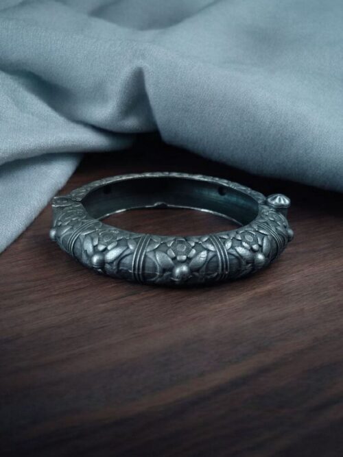 Silver replica flower bangles oxidized openable ethnic jewelry