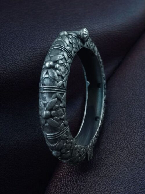 Silver replica flower bangles oxidized openable ethnic jewelry