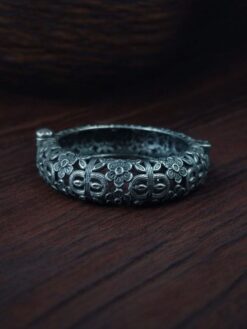 Silver replica oxidized flower kada openable bangle