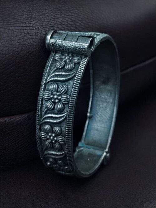 Oxidized silver replica flower art bangles openable kada for girls.