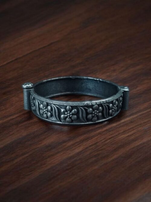 Oxidized silver replica flower art openable kada bangles for girls.