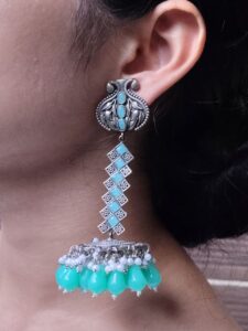 Traditional Silver Plated Traditional Wear Earrings | Stone Dangler Navratri Special Jewelry for Girls - color: "Mint"