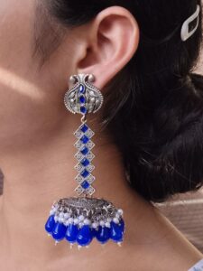Traditional Silver Plated Traditional Wear Earrings | Stone Dangler Navratri Special Jewelry for Girls - color: "Blue"
