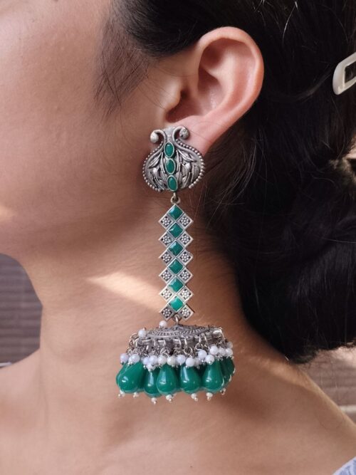 Traditional silver plated stone dangler earrings for Navratri wear