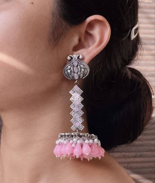 Traditional silver plated stone dangler earrings for Navratri wear
