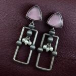 Bulk 166 Statement Geometric Dangler Earrings with Pearl Work | Antique Silver Finish Oxidized Unique Jewelry - "Baby Pink"