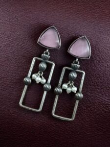 Statement Geometric Dangler Earrings with Pearl Work | Antique Silver Finish Oxidized Unique Jewelry - color: "Baby Pink"