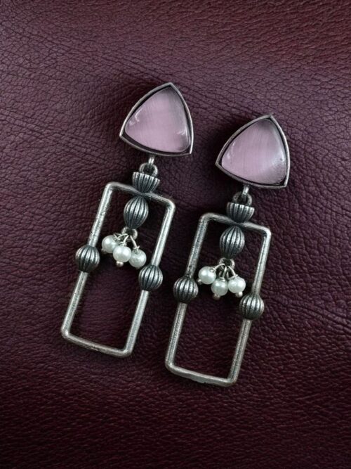 Geometric dangler earrings in oxidized silver finish