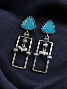 Statement Geometric Dangler Earrings with Pearl Work | Antique Silver Finish Oxidized Unique Jewelry - color: "Aqua"