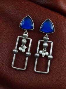 Statement Geometric Dangler Earrings with Pearl Work | Antique Silver Finish Oxidized Unique Jewelry - color: "Blue"