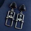 Geometric pearl dangler earrings in oxidized silver finish