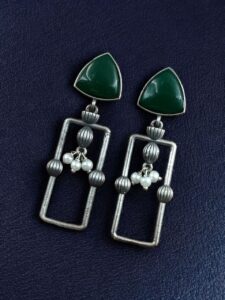 Statement Geometric Dangler Earrings with Pearl Work | Antique Silver Finish Oxidized Unique Jewelry - color: "Green"