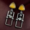 Geometric pearl dangler earrings in oxidized silver finish