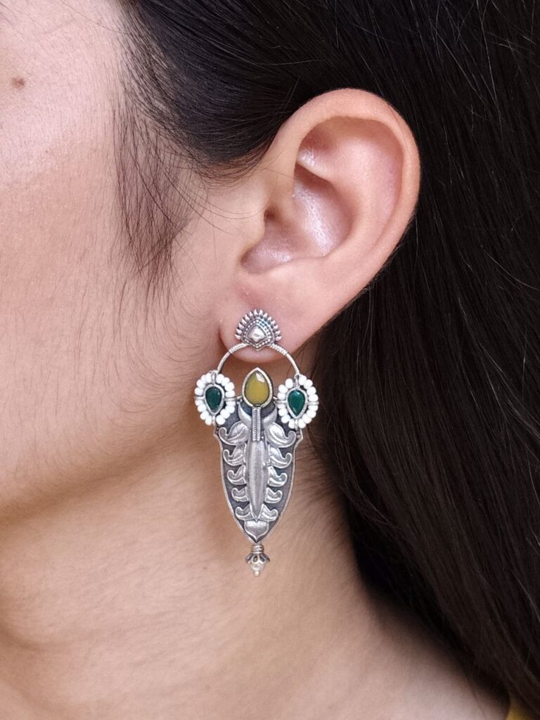 Traditional Oxidized Silver Plated Stud Earrings | Stone & Pearl Work Perfect Gift For Her