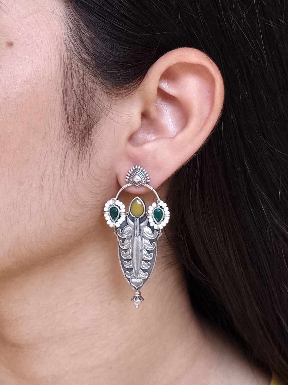 Traditional Oxidized Silver Plated Stud Earrings | Stone & Pearl Work Perfect Gift For Her 1 Traditional oxidized silver plated stud earrings with pearl and stone work