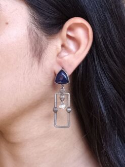 Geometric dangler earrings in oxidized silver finish