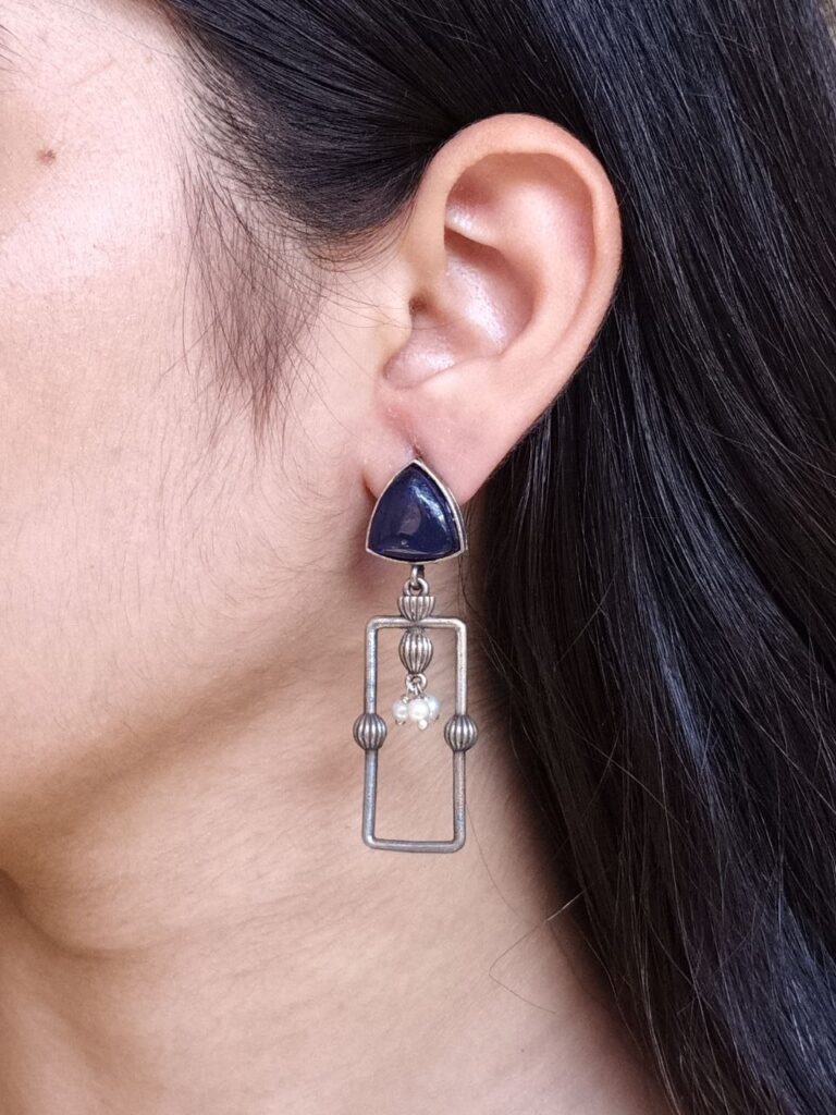 Statement Geometric Dangler Earrings with Pearl Work | Antique Silver Finish Oxidized Unique Jewelry