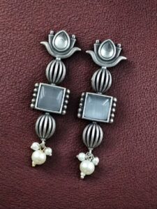 Antique Silver Look Lotus Earrings | Ethnic Stud Stone & Pearl Detailing Perfect Gift For Her - color: "Grey"