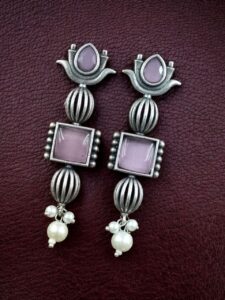Antique Silver Look Lotus Earrings | Ethnic Stud Stone & Pearl Detailing Perfect Gift For Her - color: "Baby Pink"