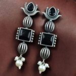 Bulk 142 Antique Silver Look Lotus Earrings | Ethnic Stud Stone & Pearl Detailing Perfect Gift For Her - "Black"