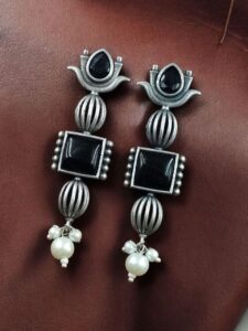Antique Silver Look Lotus Earrings | Ethnic Stud Stone & Pearl Detailing Perfect Gift For Her - color: "Black"