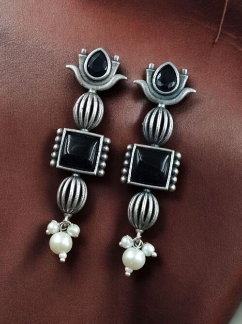 Antique silver lotus stud earrings with pearl and stone detailing