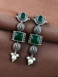 Antique Silver Look Lotus Earrings | Ethnic Stud Stone & Pearl Detailing Perfect Gift For Her - color: "Green"