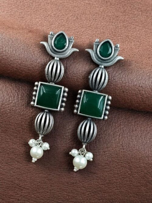 Antique silver lotus stud earrings with pearl and stone detailing