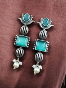 Antique Silver Look Lotus Earrings | Ethnic Stud Stone & Pearl Detailing Perfect Gift For Her - color: "Mint"