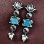 Bulk 146 Antique Silver Look Lotus Earrings | Ethnic Stud Stone & Pearl Detailing Perfect Gift For Her - "Aqua"