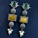 Bulk 148 Antique Silver Look Lotus Earrings | Ethnic Stud Stone & Pearl Detailing Perfect Gift For Her - "Yellow-Green"