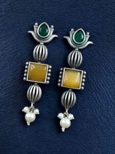 Antique Silver Look Lotus Earrings | Ethnic Stud Stone & Pearl Detailing Perfect Gift For Her - color: "Yellow-Green"