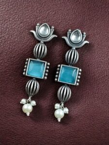 Antique Silver Look Lotus Earrings | Ethnic Stud Stone & Pearl Detailing Perfect Gift For Her - color: "Aqua"
