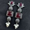 Antique silver lotus stud earrings with pearl and stone detailing