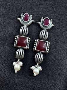 Antique Silver Look Lotus Earrings | Ethnic Stud Stone & Pearl Detailing Perfect Gift For Her - color: "Red"