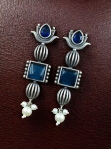 Antique Silver Look Lotus Earrings | Ethnic Stud Stone & Pearl Detailing Perfect Gift For Her - color: "Blue"