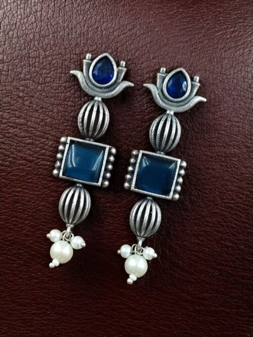 Antique silver lotus stud earrings with pearl and stone detailing
