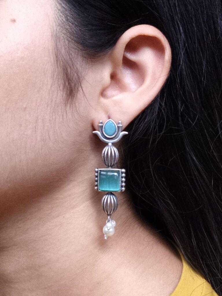 Antique Silver Look Lotus Earrings | Ethnic Stud Stone & Pearl Detailing Perfect Gift For Her
