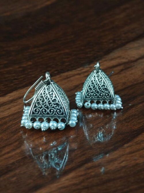 Beautiful German Silver Oxidized Pyramid Shape Earrings with Pearl Work