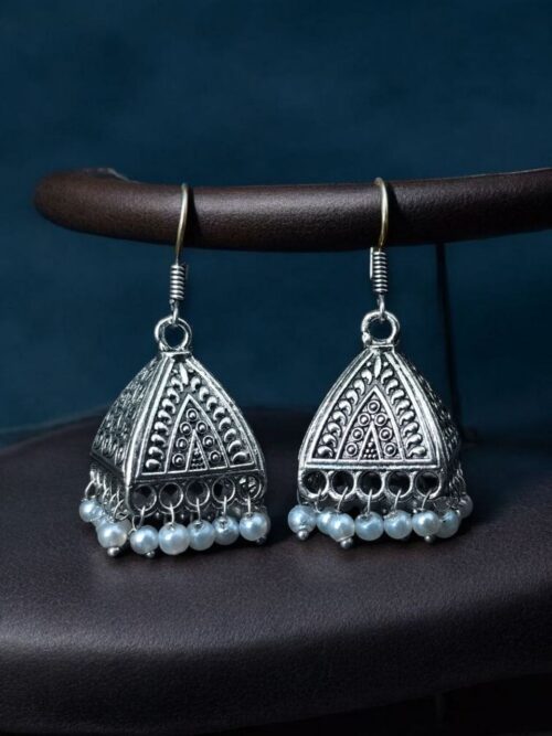 Beautiful German Silver Oxidized Pyramid Shape Earrings with Pearl Work