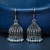 Oxidized German silver pearl work jhumka earrings in hook dangler design.