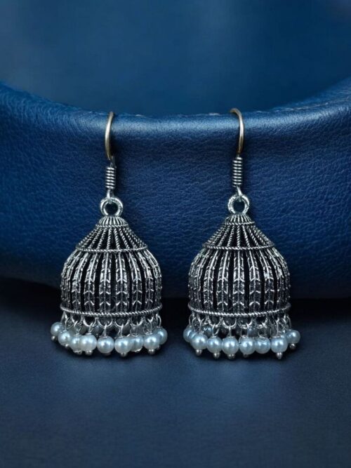 Oxidized German silver pearl work jhumka earrings in hook dangler design.