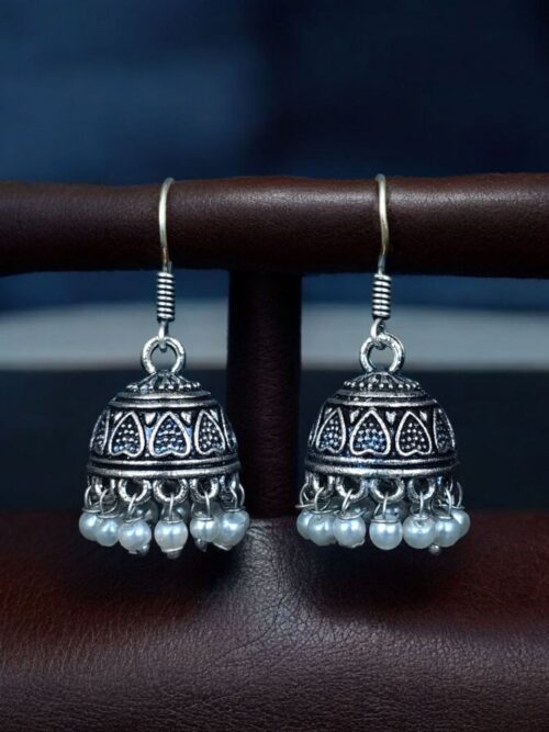 Traditional Pearl Work Heart Design Jhumki Earrings | Oxidized German Silver Perfect Jewelry For Girls - Image 2