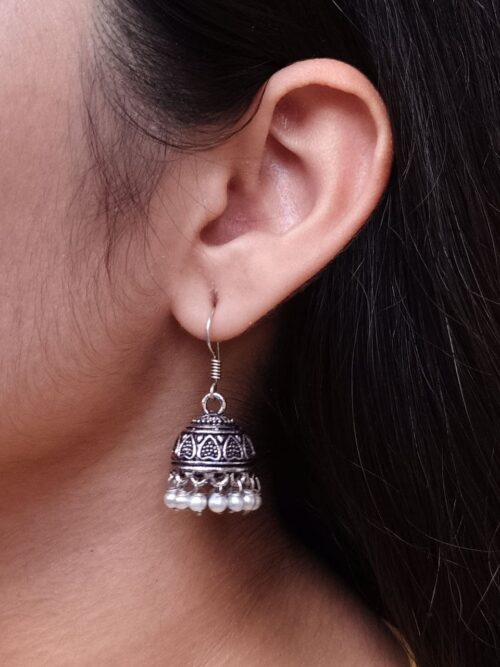 Traditional Pearl Work Heart Design Jhumki Earrings | Oxidized German Silver Perfect Jewelry For Girls - Image 4