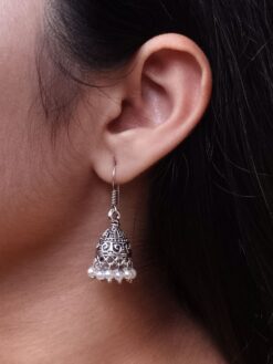 Handcrafted oxidized German silver floral art jhumki earrings with pearl work