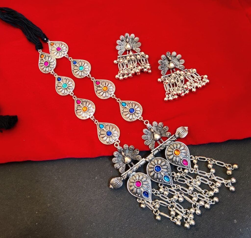 Adjustable Thread Peacock Necklace | German Silver Stone Work Navratri Special Best Jewelry For Women