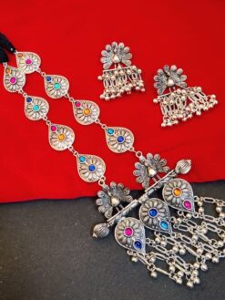 German Silver Peacock Necklace with adjustable thread and stone work.