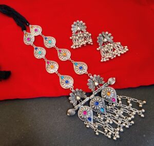 Adjustable Thread Peacock Necklace | German Silver Stone Work Navratri Special Best Jewelry For Women