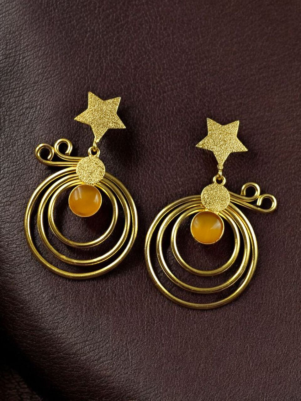 Unique Design Star Earrings | Gold Plated Geometric Stone Dangler Jewelry Gift For Her 3 Gold plated star earrings with geometric stone dangler design.