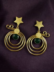 Unique Design Star Earrings | Gold Plated Geometric Stone Dangler Jewelry Gift For Her - color: "Green"